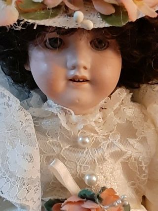Antique 19 - Inch Am 390 Doll In Lovely White Dress And Decorated Boater