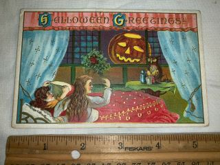 Antique Halloween Vintage Postcard Jack - O - Lantern Pumpkin Moon Owl Pretty Girls