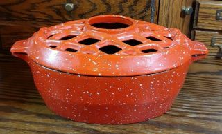 Orange Oval Enamel Cast Iron Dutch Oven Pot W/ Lid - Very Rare Design