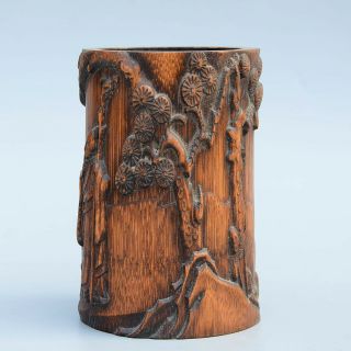 Collect China Antique Boxwood Hand - Carved Tree Horse Old Men Delicate Brush Pot