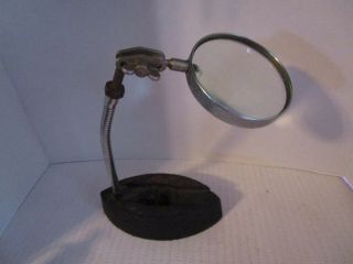 Antique 3.  5 " Magnifying Glass With Gooseneck Extension On Heavy Cast Iron Base
