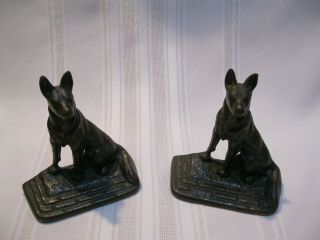 Vtg Metal German Shepherd Dog Bookends Heavy Cast Iron Bronze Plated Antique