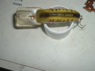 old fishing lures Early Pico Digger RARE Color Yellow Coachdog Texas Crankbait 3