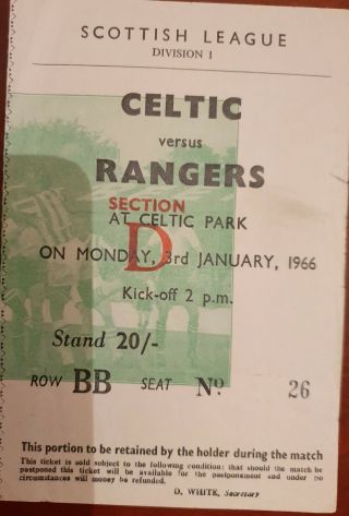 Rare Celtic V Rangers Main Stand Ticket From 3 Jan 1966 League Game 5 - 1