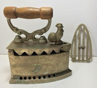 Antique Hot Coal Burning Sad Iron W/ Cast Chicken / Rooster Finial W/ Trivet