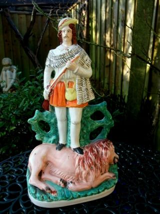 Antique Mid 19thc Large Staffordshire Figure Of A Huntsman And Lion