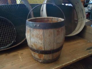 Old Primitive Staved Wooden Pail Primitive Antique Lead Paint Bucket Bail Handle