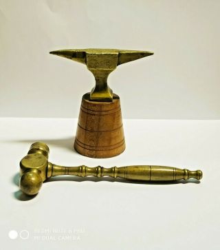Antique Miniature Bronze Goldsmith Anvil W/ Oak Base And Hammer