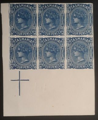 Rare 1889 Tasmania Australia Blk6x4d Blue Sideface Stamps Imperf Reprint