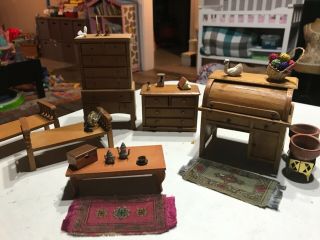 Vintage Dollhouse Miniatures 8 Piece Living Room Furniture And Accessories