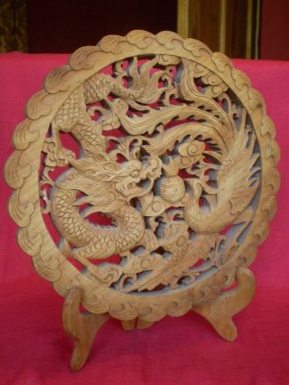 Stunning Vintage Chinese Dragon & Phoenix Carved Wooden Plaque