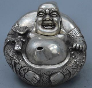 Old Collectable Handwork Decor Miao Silver Carve Temple Buddha Exorcism Tea Pot