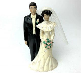 Vintage Wilton 1991 Wedding Cake Topper / Short Brown Hair / Bride & Groom