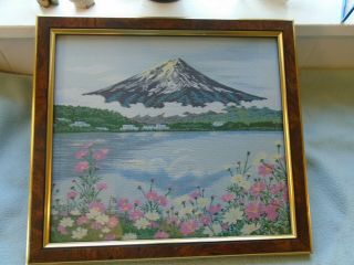 Framed Fine Woodblock Japanese Silk Embroidery Mount Fuji