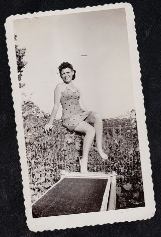 Vintage Antique Photograph Sexy Young Woman In Bathing Suit Sitting On Fence