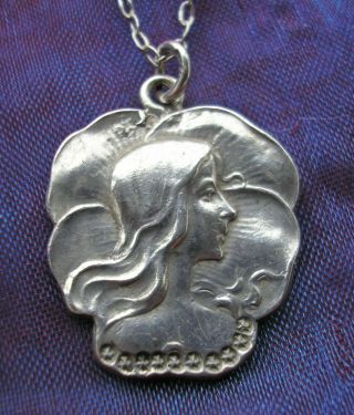 Very Pretty Antique Art Nouveau Silver Pendant Pansy & Lady