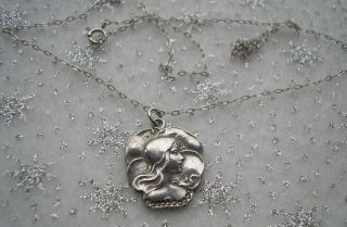 Very pretty antique Art Nouveau Silver pendant Pansy & lady 2