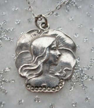 Very pretty antique Art Nouveau Silver pendant Pansy & lady 3