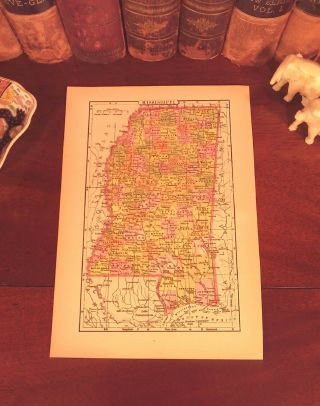 1893 Antique Map Mississippi Jackson Vicksburg Tupelo Oxford Biloxi Ms