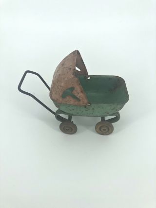 Antique 4.  25 " Miniature Doll Baby Stroller Carriage Metal Rubber Wheels