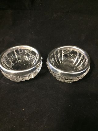 Pair Vintage Old Antique Decorative Glass Salt Pots Hall Marked Silver Collars 2
