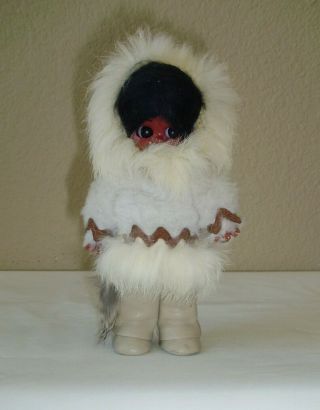 Vintage 6 " Plastic Google Eyes Eskimo/inuit Doll Fur Trim Coat Leather Pants