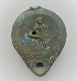 Rare Ancient Roman Bronze Oil Lamp With Depiction Of Priapus Circa 200 - 300ad