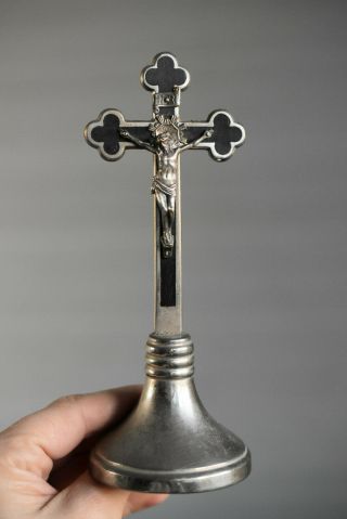 ⭐ Antique Religious Cross,  Crucifix On Base,  Ebony Wood & Silver Plated Bronze⭐