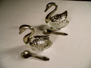 Antique Crystal And Silver Winged Swan Salt & Pepper Cellers.
