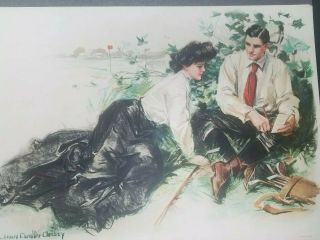 Antique Howard Chandler Christy 1905 Litho Print Framed Lovers Playing Cards
