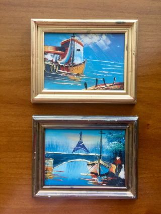 Vtg 2 Small Paintings Art,  Ships Boats On Water,  Nautical,  Sea Decor,  Gold Frame