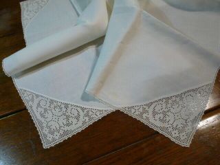 Antique Vintage Linen English Tea Tablecloth Filet Crochet Lace Inserts Picot