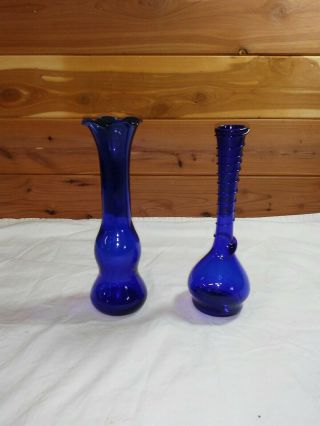 2 Vintage Cobalt Blue Hand - Blown Art Glass Spiral 8 " Vase