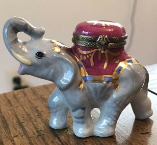 Rare Limoges France Peint Main Elephant Trinket Box Porcelain Ring Hand Painted