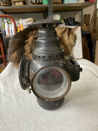 Antique Yankee Carriage Coach Auto Corner Oil Lantern,  Brass,  Complete 3