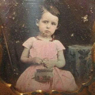 Rare Pre Civil War Daguerreotype Tinted Photo Young Girl Holding Woven Basket Pu