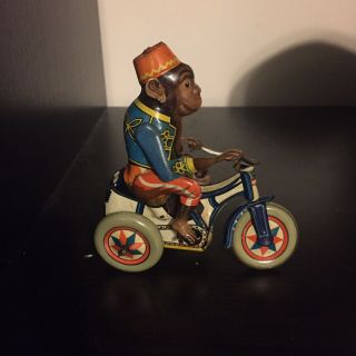 Rare Arnold Germany Windup Tin Mechanical Toy Monkey On Cycle Antique Nm