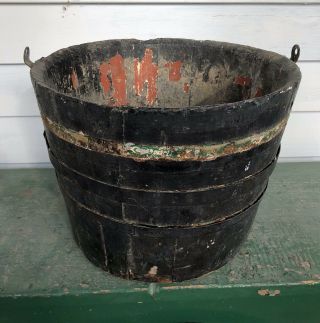 Antique Wooden Sap Bucket W/ Old Paint Black - Red - White