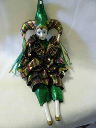 17” Porcelain Harlequin Jester Doll - Mardi Gras - Greens - Golds