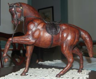 Vintage Antique Leather Wrapped Horse Figurine 11 " Tall