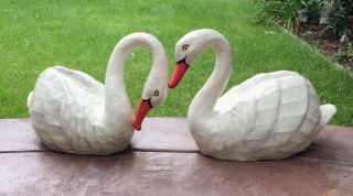 Rare Vintage Hand Crafted Paper Mache Swans Hand Painted Pair/couple Decor