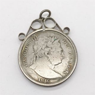 Antique 1816 Solid Silver Half Crown George Iii Bull Head Coin Mounted Pendant