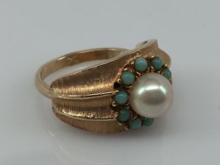 Antique Faux Pearl & Turquoise Gold Tone Textured Base Vintage Designer Ring
