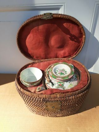 Vintage Ornate Chinese 4 Pc.  Enameled Porcelain Tea Set W/ Fitted Wicker Basket