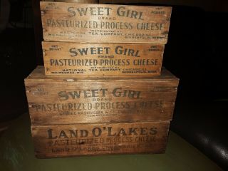 4 Vintage Wooden Cheese Boxes.  Kraft 5 Lb Land O Lakes 5 Lb,  2 Sweet Girl 2 Lb