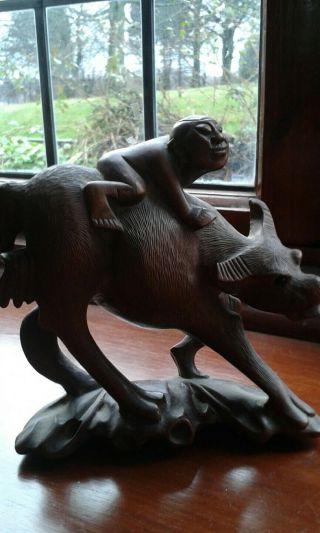 Antique Oriental Carved Hardwood Figure,  Of Boy On A Water Buffalo Circa 1900