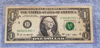 ✯✯✯✯✯ 2009 Rare $1 One Dollar Star Note.  Low Sheet Run Serial Number H00191341