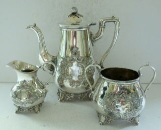 Antique Art Nouveau Silver Plate Epbm Tea Set Teapot Coffee Pot Jug Sugar Bowl