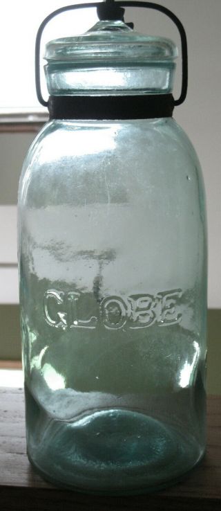 Antique 1/2 Gallon Aqua Globe Complete Fruit Jar Swirls