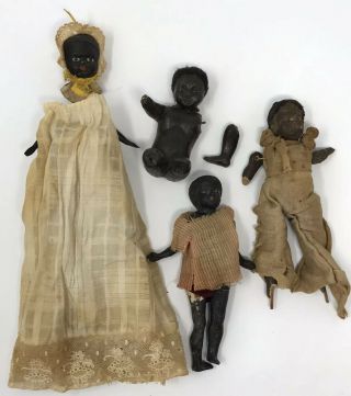 Assortment 4 Antique Black Dolls In Need Of Restoration And/or Repair